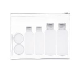   Geanta cu 6 recipiente cosmetice din plastic pentru calatorii cu avionul, Everestus, AO01, pvc, transparent