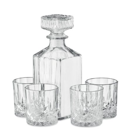 Set 4 pahare si sticla de whisky, Everestus, 18SEP4159, 4 piese, 230 ml, 8.5x8.5x23 cm, Sticla, Transparent