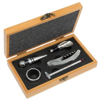   Set accesorii vin, 5 piese, in cutie, Everestus, 20FEB0015, Bambus, Otel, Zinc, Argintiu, Maro