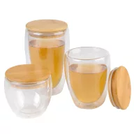   Cana de voiaj cu perete dublu, 250 ml, ⌀8,5 x 9,5 cm, Everestus, 20SEP0950, Sticla, Bambus, Maro, Transparent