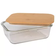   Caserola pranz cu capac din lemn, 1060 ml, 19,7 x 14,5 x 6 cm, Everestus, 20SEP0929, Sticla, Bambus, Maro, Transparent