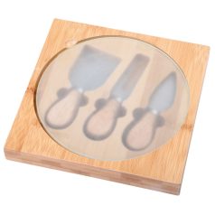   Set tocator si cutite branza, Everestus, 18SEP4038, 4 piese, 20x20x2.5 cm, Bambus, Otel, Sticla, Maro