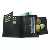   Portofel negru cu multiple buzunare pentru carduri, bancnote si monede, Everestus, PO10TI, piele, 118x92x15 mm