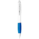Nash ballpoint pen with white barrel and coloured grip, ABS plastic, White,Aqua