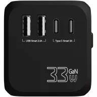   Adaptor universal de calatorie, SCX, 2610E18087, 33 W, USB-A, USB-C, 10.3x6.4x7.6 cm, Plastic, Poliuretan, Negru