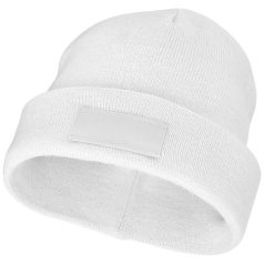   Boreas beanie with patch, Unisex, Single layer beanie with double folded edge 1x1 Rib knit of 100% Acrylic Patch of 100% Polyester, White