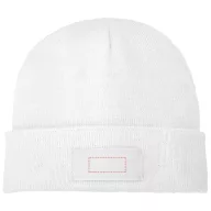   Boreas beanie with patch, Unisex, Single layer beanie with double folded edge 1x1 Rib knit of 100% Acrylic Patch of 100% Polyester, White
