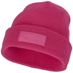   Boreas beanie with patch, Unisex, Single layer beanie with double folded edge 1x1 Rib knit of 100% Acrylic Patch of 100% Polyester, Magenta