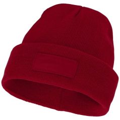   Boreas beanie with patch, Unisex, Single layer beanie with double folded edge 1x1 Rib knit of 100% Acrylic Patch of 100% Polyester, Red