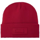 Boreas beanie with patch, Unisex, Single layer beanie with double folded edge 1x1 Rib knit of 100% Acrylic Patch of 100% Polyester, Red