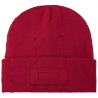   Boreas beanie with patch, Unisex, Single layer beanie with double folded edge 1x1 Rib knit of 100% Acrylic Patch of 100% Polyester, Red