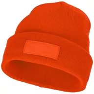   Boreas beanie with patch, Unisex, Single layer beanie with double folded edge 1x1 Rib knit of 100% Acrylic Patch of 100% Polyester, Orange