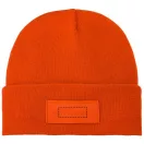 Boreas beanie with patch, Unisex, Single layer beanie with double folded edge 1x1 Rib knit of 100% Acrylic Patch of 100% Polyester, Orange