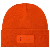   Boreas beanie with patch, Unisex, Single layer beanie with double folded edge 1x1 Rib knit of 100% Acrylic Patch of 100% Polyester, Orange