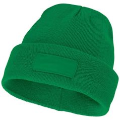   Boreas beanie with patch, Unisex, Single layer beanie with double folded edge 1x1 Rib knit of 100% Acrylic Patch of 100% Polyester, Fern green  