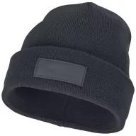   Boreas beanie with patch, Unisex, Single layer beanie with double folded edge 1x1 Rib knit of 100% Acrylic Patch of 100% Polyester, Storm Grey