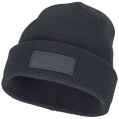   Boreas beanie with patch, Unisex, Single layer beanie with double folded edge 1x1 Rib knit of 100% Acrylic Patch of 100% Polyester, Storm Grey