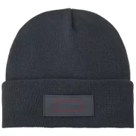   Boreas beanie with patch, Unisex, Single layer beanie with double folded edge 1x1 Rib knit of 100% Acrylic Patch of 100% Polyester, Storm Grey