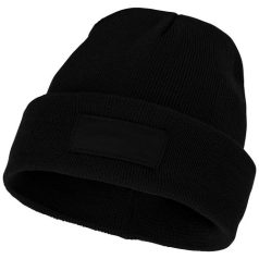  Boreas beanie with patch, Unisex, Single layer beanie with double folded edge 1x1 Rib knit of 100% Acrylic Patch of 100% Polyester,  solid black