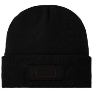   Boreas beanie with patch, Unisex, Single layer beanie with double folded edge 1x1 Rib knit of 100% Acrylic Patch of 100% Polyester,  solid black