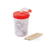   Set de colorat, cana 200 ml cu pai flexibil si 4 creioane, Everestus, 20APR003, polipropilena, rosu