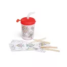 Set de colorat, cana 200 ml cu pai flexibil si 4 creioane, Everestus, 20APR003, polipropilena, rosu