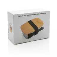   Caserola pranz, Everestus, 21AUG038, 1500 ml, Otel, Bambus, 18x13x6.5 cm, Argintiu, Natur