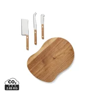   Set platou servire si 3 cutite de branzeturi, Vinga, 2610E19146, Fara maner, 28x20x2 cm, Lemn, Otel inoxidabil, Maro