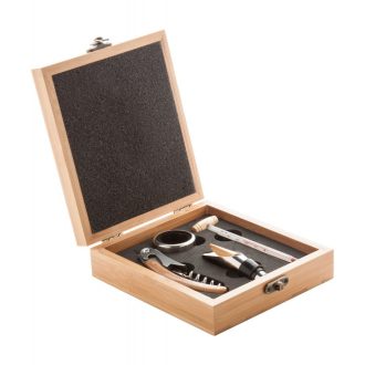   Set 4 accesorii vin in cutie, 147×168×49 mm, Everestus, 20FEB17213, Otel inoxidabil, Bambus, Maro
