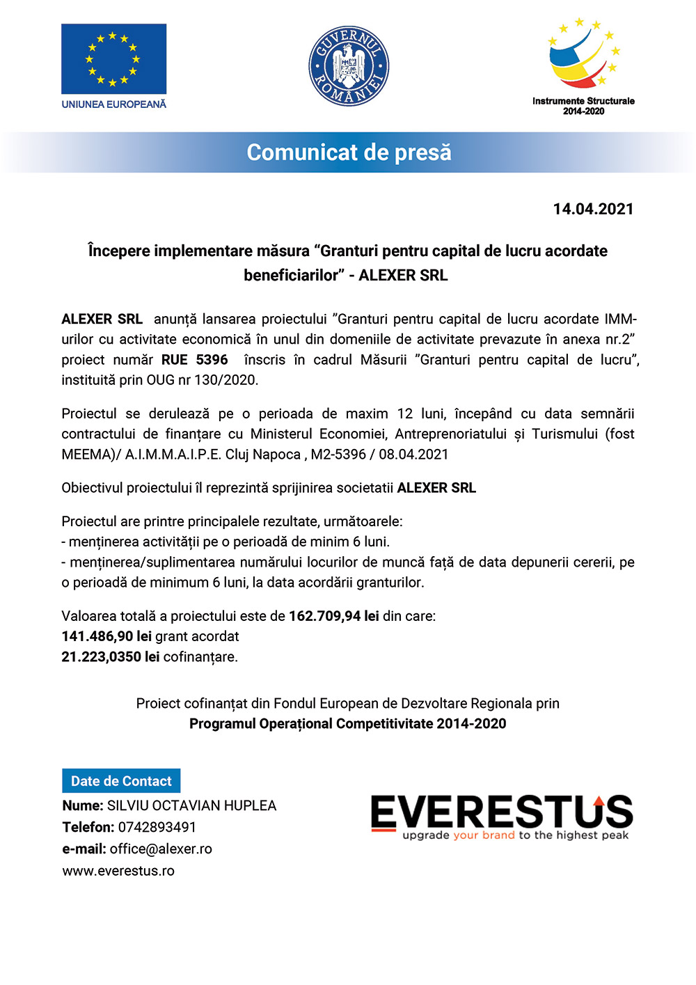 anunt incepere proiect masura 2 granturi capital de lucru alexer srl