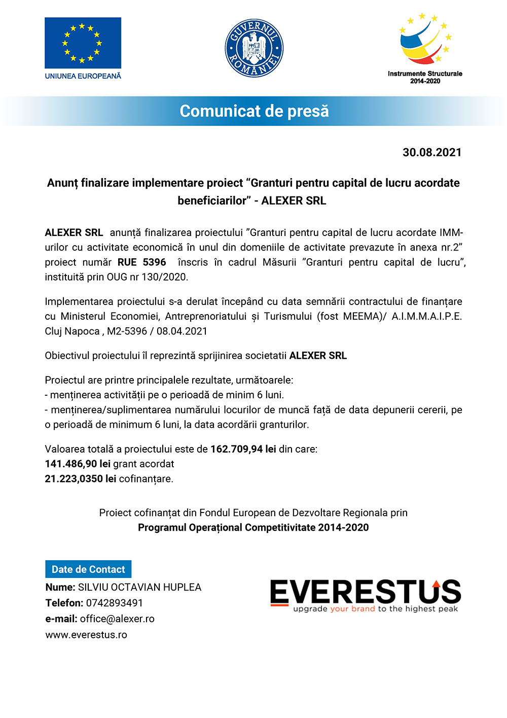 comunicat finalizare proiect grant capital de lucru alexer srl